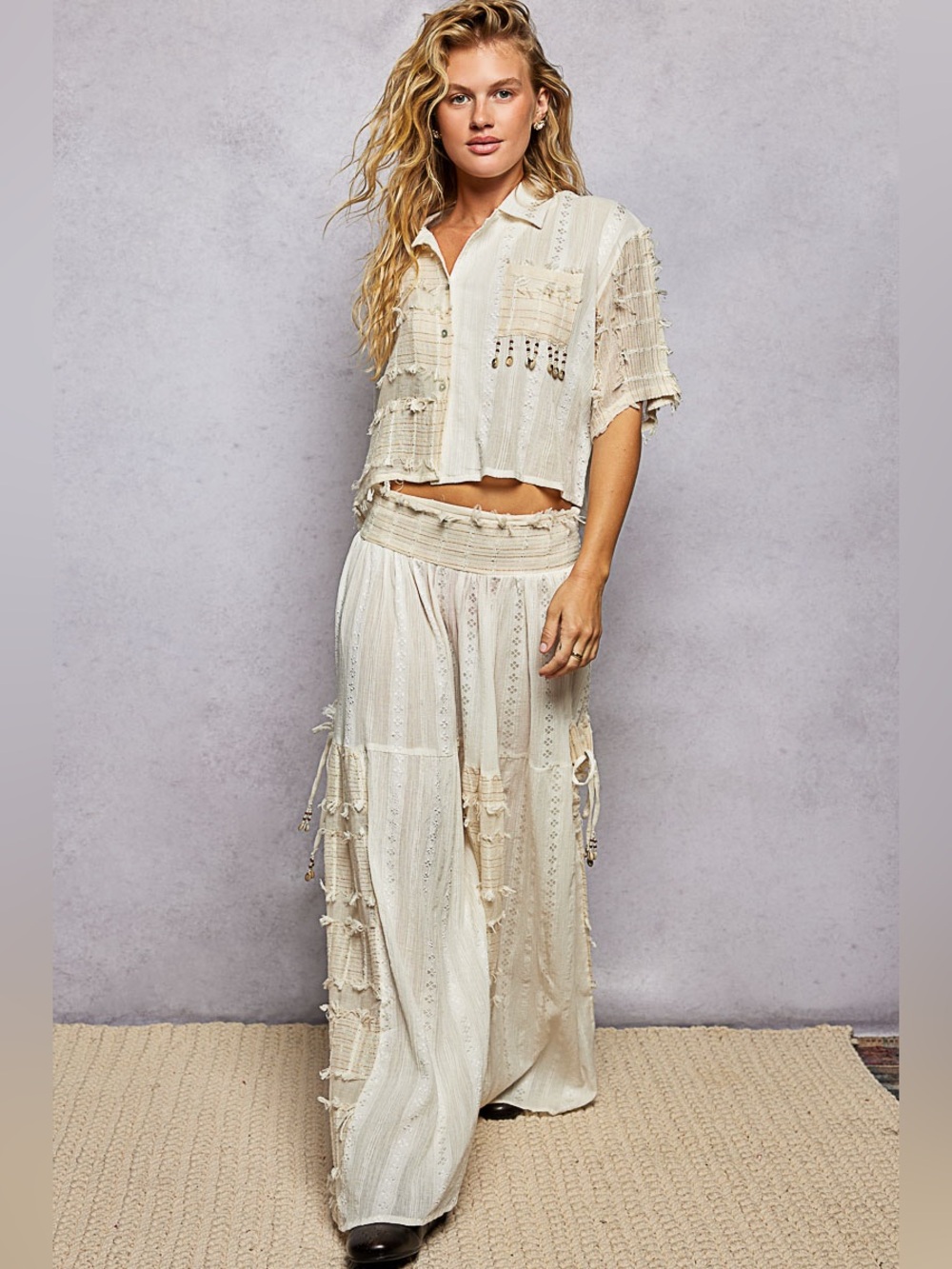 POL Cream Boho Wide-Leg Tiered Pants - Picture 2 of 7